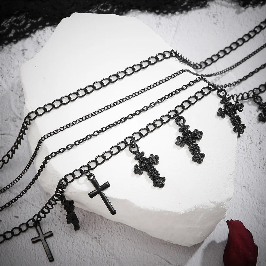 4Pcs Goth Black Cross Jesus Tassel Pendant Choker Necklace for Women Punk Metal Clavicle Chain Halloween Jewelry Y2K Accessories - Charlie Dolly