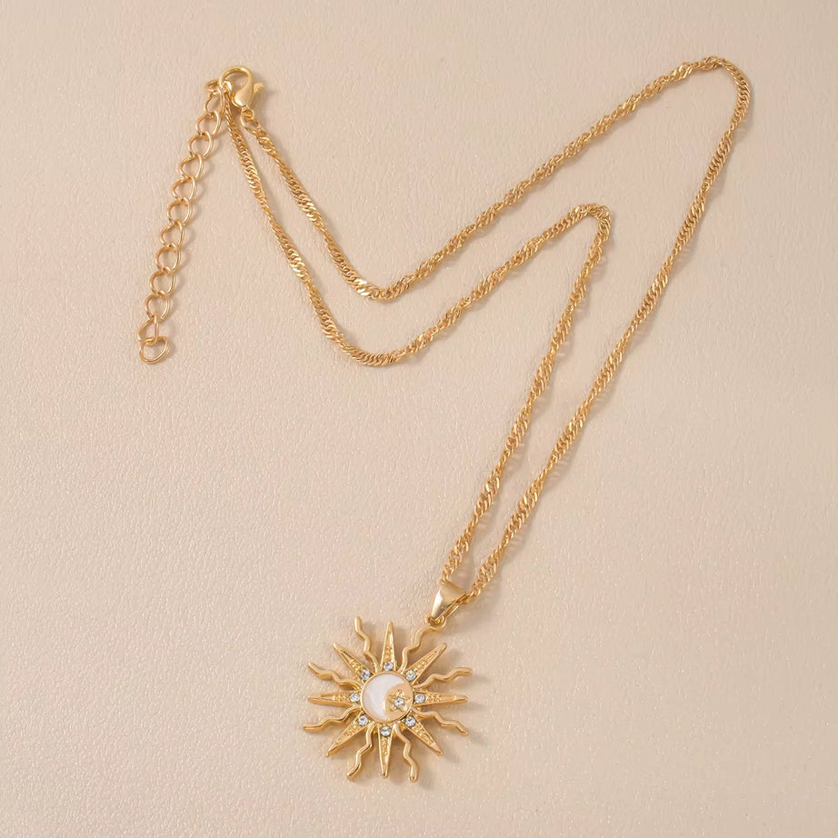 Sun Moon & Star Three-in-One Rhinestone Pendant Necklace, Vintage Celestial Talisman