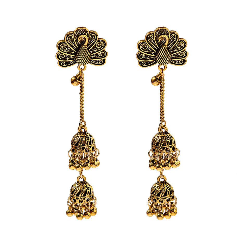 الهندي Jhumka أقراط الذهب الشظية اللون أجراس كبيرة قطرة طويلة شرابة القرط للنساء بوهو الغجر مجوهرات هدية