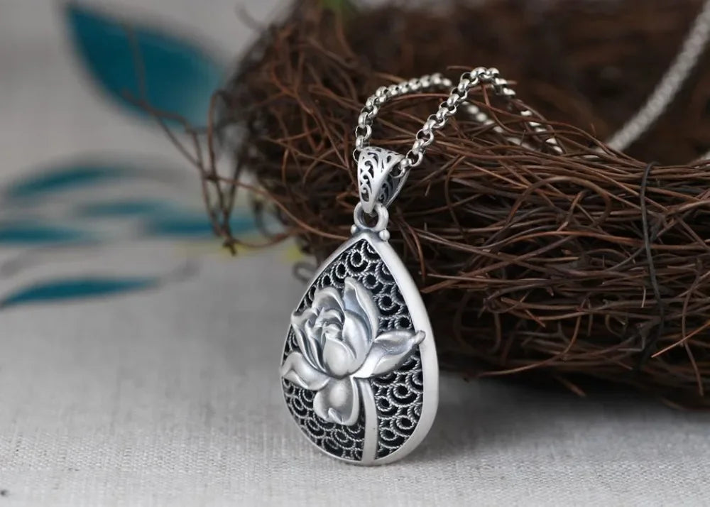 Classic New in Vintage 925 Silver National Style Engraved Lotus Flower Droplet Drop Pendant Necklace Keel Chain Charm Jewelry