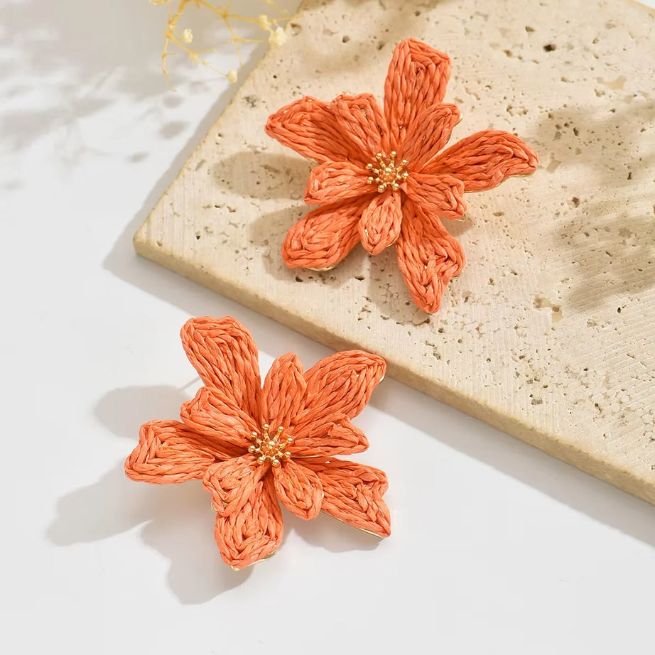 Raffia Woven Flower Boho Earrings Jewelry