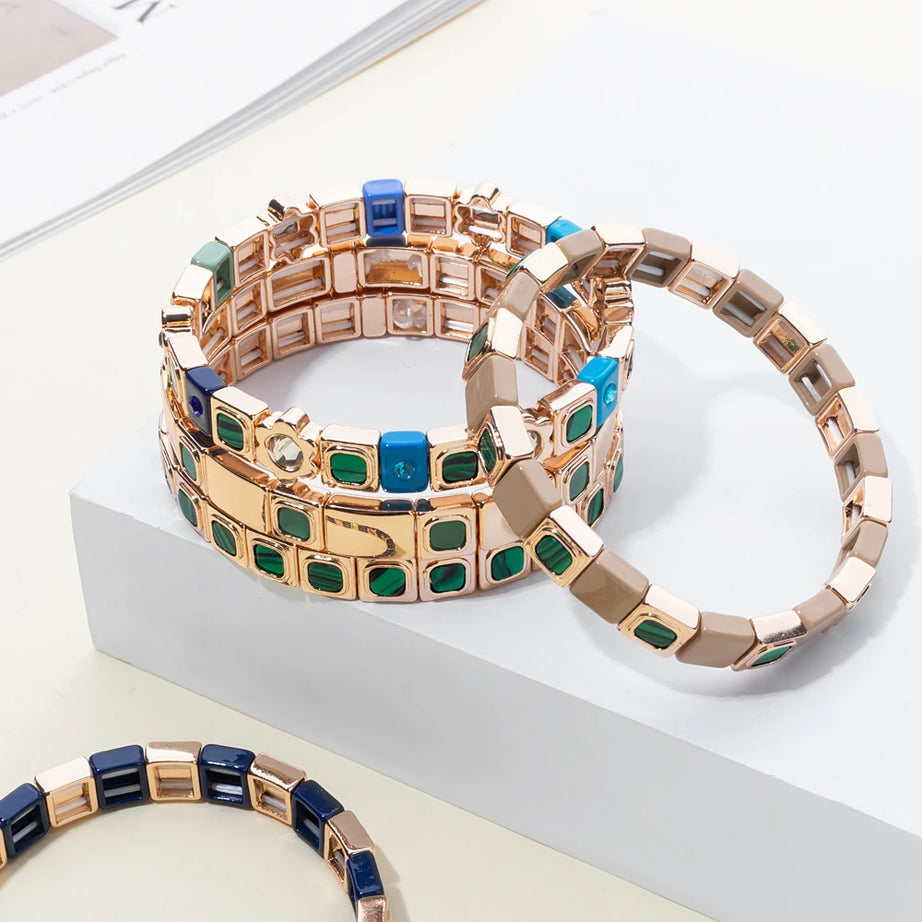 2023 New Design 8x8mm Inlaid Nature Stone Bracelets For Women Gold Color Boho Elastic Bangle Handmade Inlaid Diamond Jewelry - Charlie Dolly