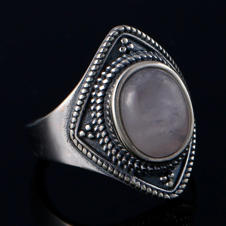 Natural Rose Quartz Oval Gemstone Ring - Vintage Boho Silver Plated Handmade Jewelry for Women Gift Party & Daily Wear - Charlie Dolly