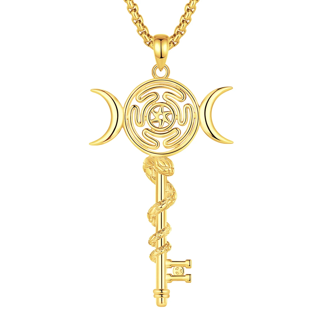 Sterling Silver 925 Hekate Wheel Triple Moon Goddess Necklace, Snake Key Witch Amulet