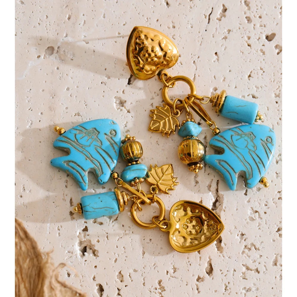 Yhpup Ocean Series Stainless Steel Blue Natural Stone Fish Drop Charm Earrings 18K Gold Color PVD Plated Summer Women Jewelry