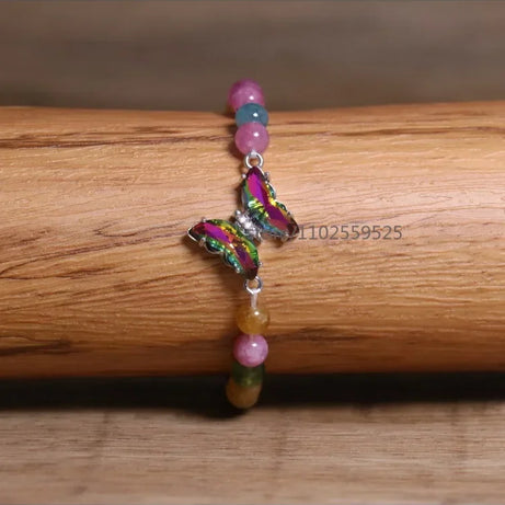 Natural  Rainbow tourmaline Agate Beaded Bracelet Adjustable Butterfly Charm Bracelet Women Boho Chic Stackable Jewelry Gift - Charlie Dolly