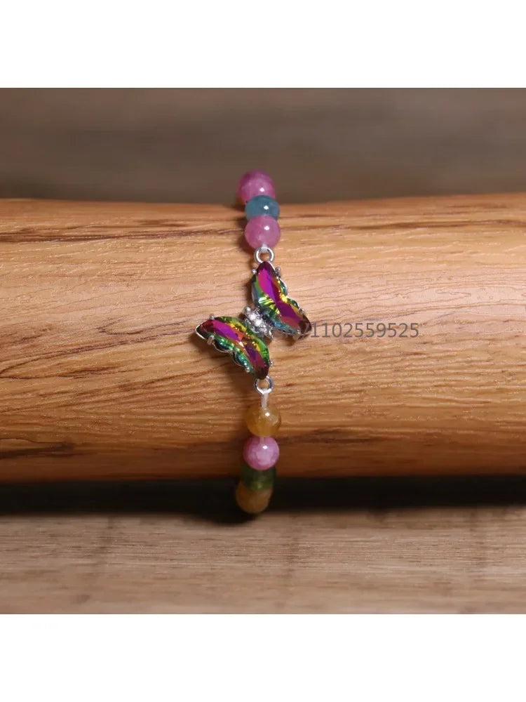 Natural  Rainbow tourmaline Agate Beaded Bracelet Adjustable Butterfly Charm Bracelet Women Boho Chic Stackable Jewelry Gift