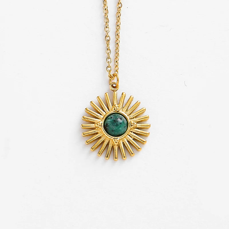 Boho Natural Stone Sun Flower Necklace for Women Bohemian Retro Stainless Steel Necklace Choker Necklaces Fashion Jewelry