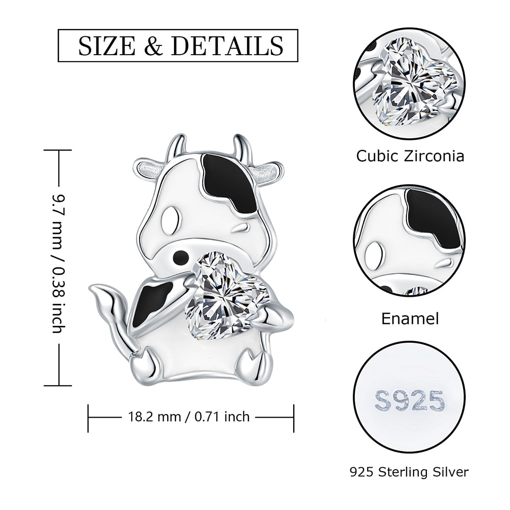 925 Sterling Silver Cute Animal Cow Stud Earrings With Heart Zircon Brithday Valentine's Day Jewelry Gifts For Women Teen Girls - Charlie Dolly