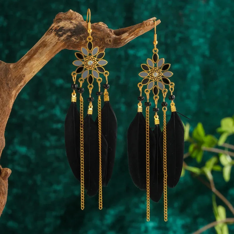 Boho Ethnic Colorful Feather Earring For Women Bohemian Tassel Chain Drop Dangle Earring Girls Elegant Party Jewelry