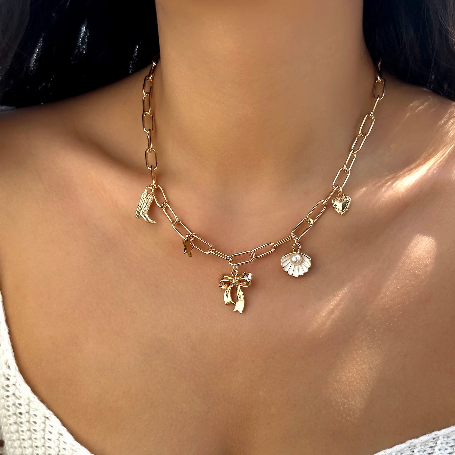 Boho Metal Shell Starfish Pendant Imitation Pearl Necklace for Women Heart Bowknot Double Layer Choker Chain Beach Jewelry Gift