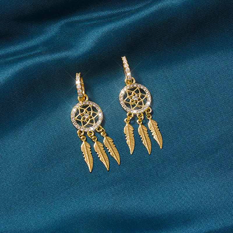 YILUOCD Exquisite Dream Catcher Dangle Earrings for Women Boho Feather Tassels Drop Earrings Geometric AAA Zircon Ear Jewelry