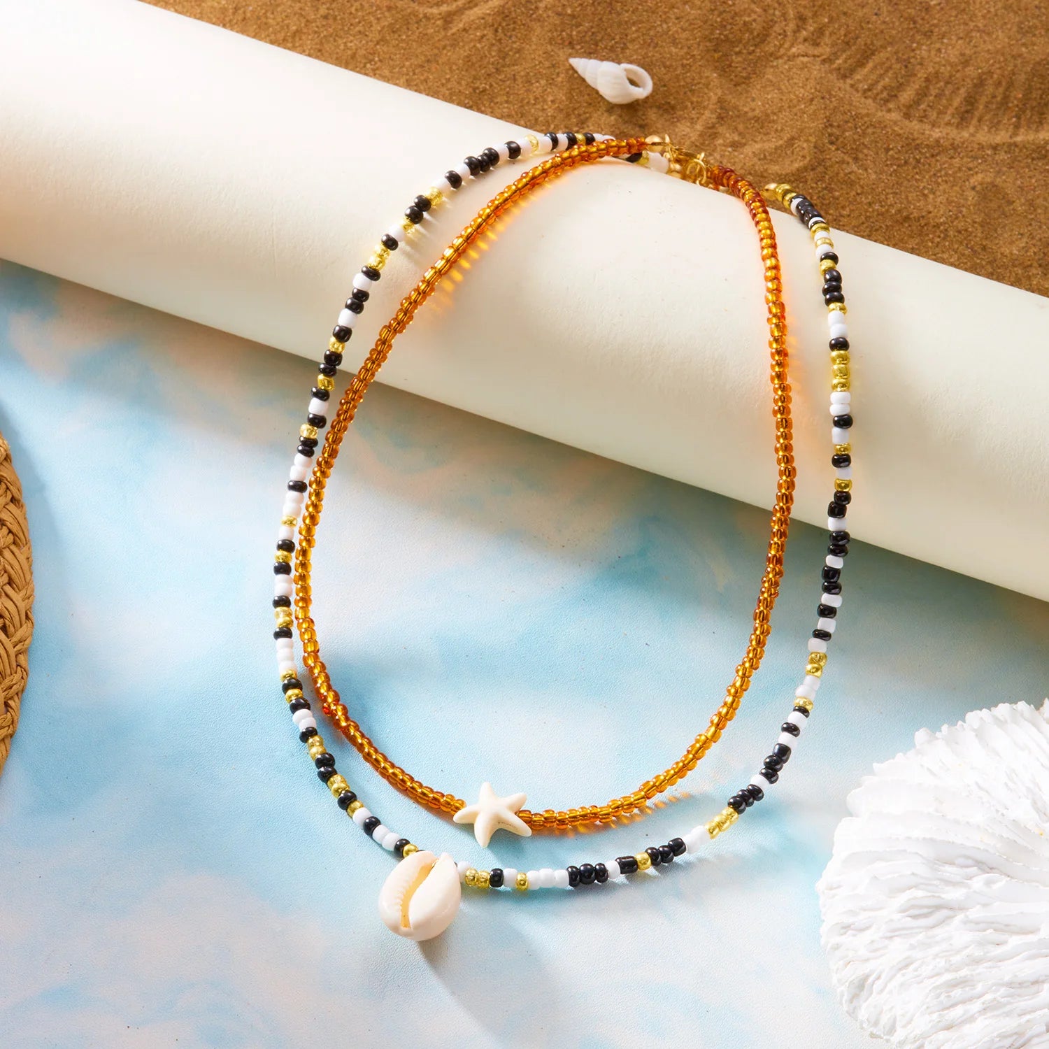 Boho Double Layer Beaded Starfish Shell Turtle Pendant Necklace Women Colorful Beads Clavicle Chain Choker Beach Party Jewelry