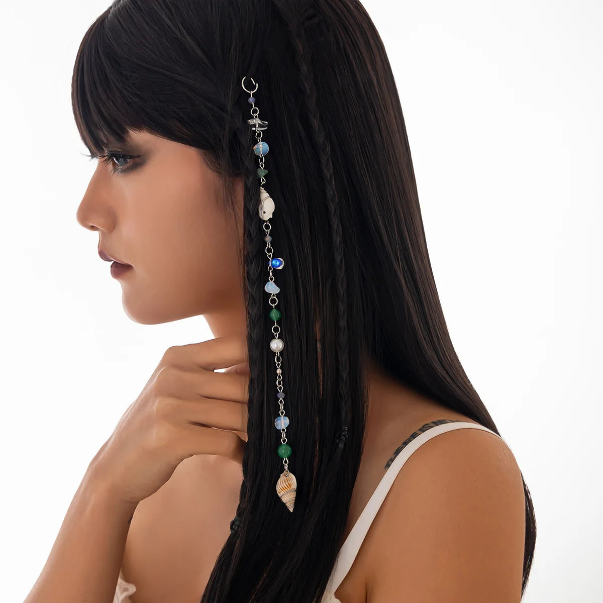 Boho Hair Chain Seashell & Drusy Fringe Hair Jewelry Natural Stone Braid Accent Beach Festival Hair Accessories