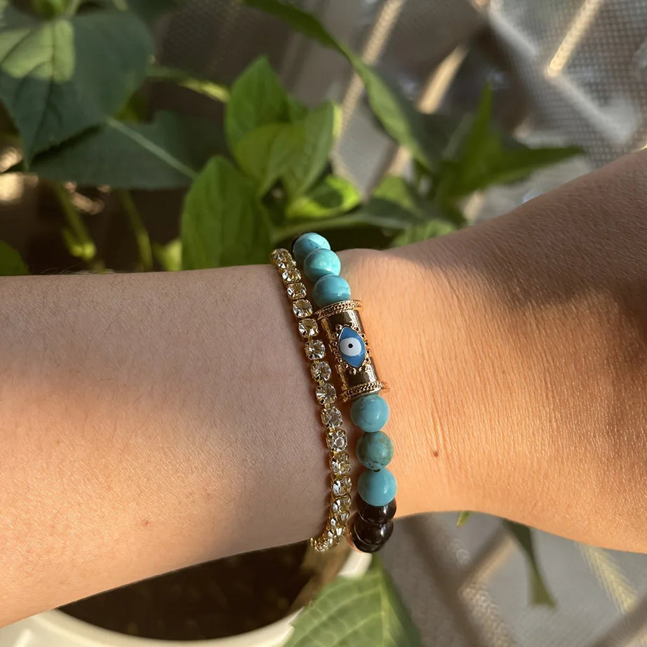 Lucky Evil Eye Natural Stone Beaded Bracelet, Turkish Protection Friendship Talisman