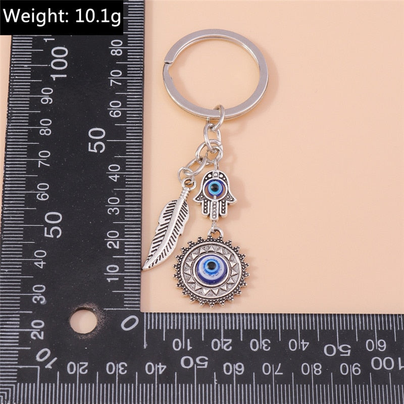 1Pc Bohemia Evil Eye Hamsa Hand Keychain for Women Men Blue Eye Sun Feather Key Ring Bag Pendant Car Key Holder Rings Wholesale - Charlie Dolly