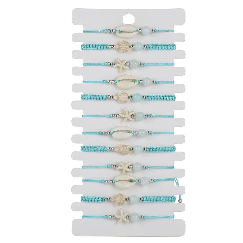 Shell, Starfish and Turtle Charm Braided Rope Bracelet Set (12 Pieces)