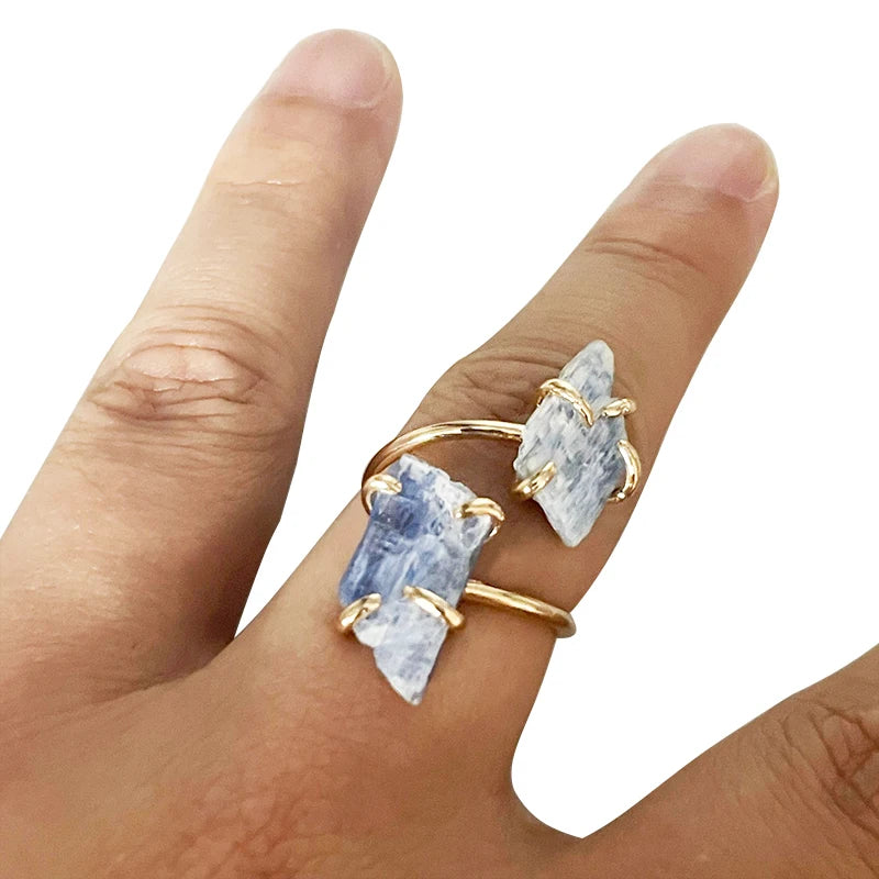 Irregular Kyanite Open Cross Ring for Women Girls Claw Setting Gold-color Boho Rough Natural Stone Finger Jewelry Resizable