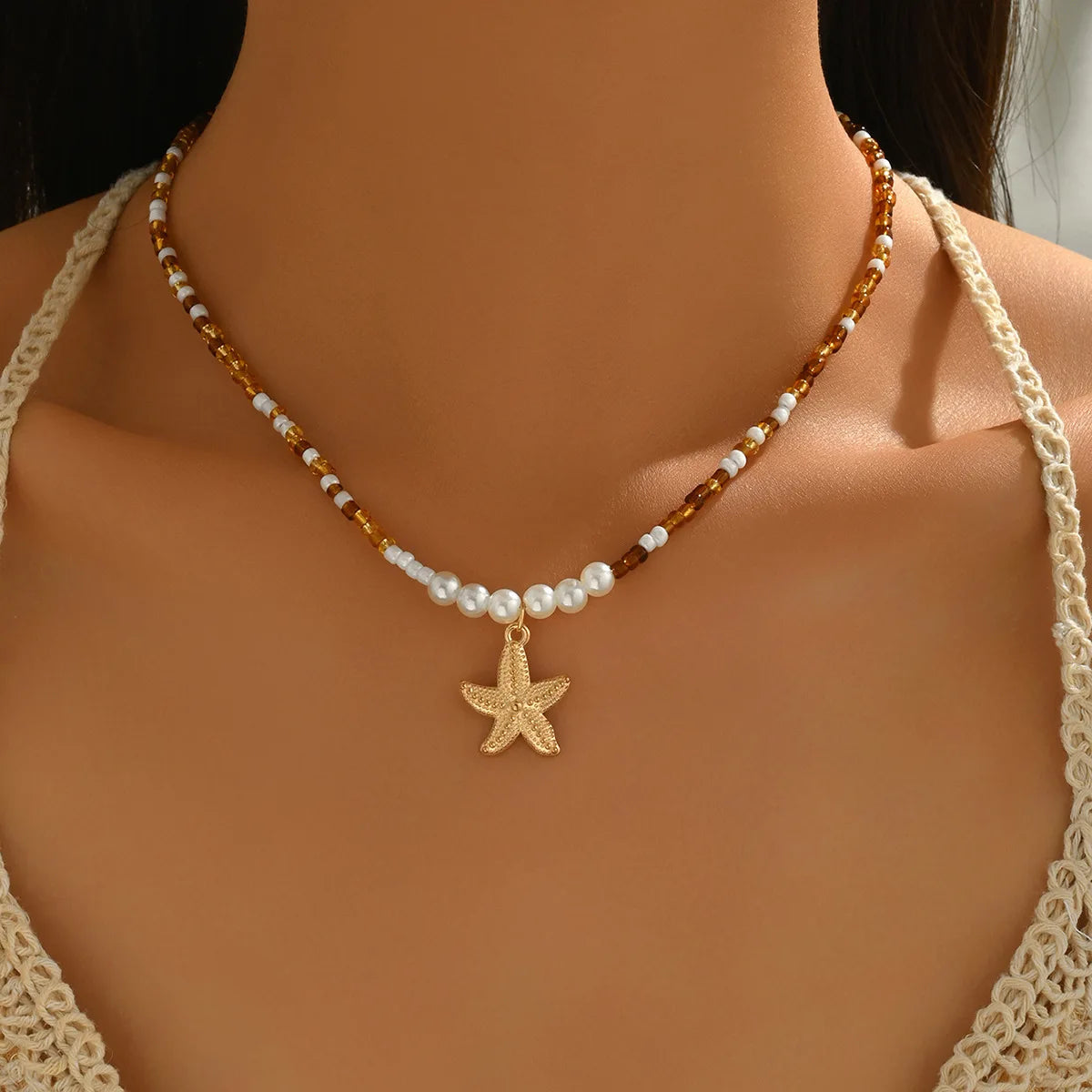 Bohemian Shells Turquoise Collares Necklace Summer Natural Starfish Hand Woven Rope Beach Vacation Adjustable Necklaces Jewelry