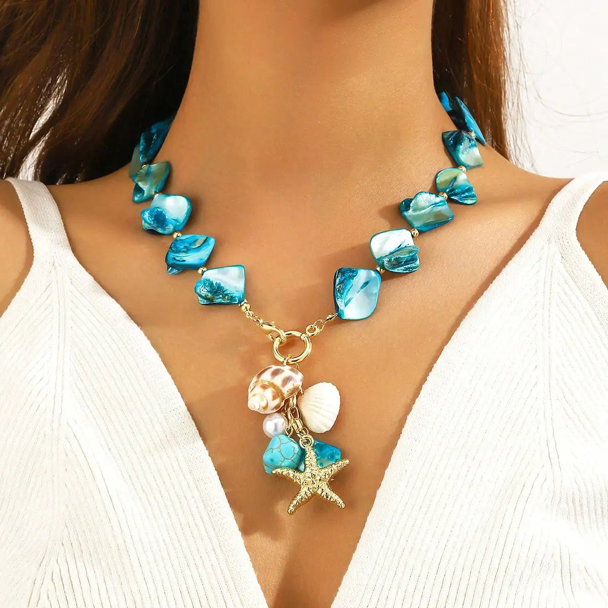 1 PCS  Blue Seashell Necklace – Irregular Ocean Pendant, Boho Beach Jewelry, Summer Vacation Layered Chain for Women