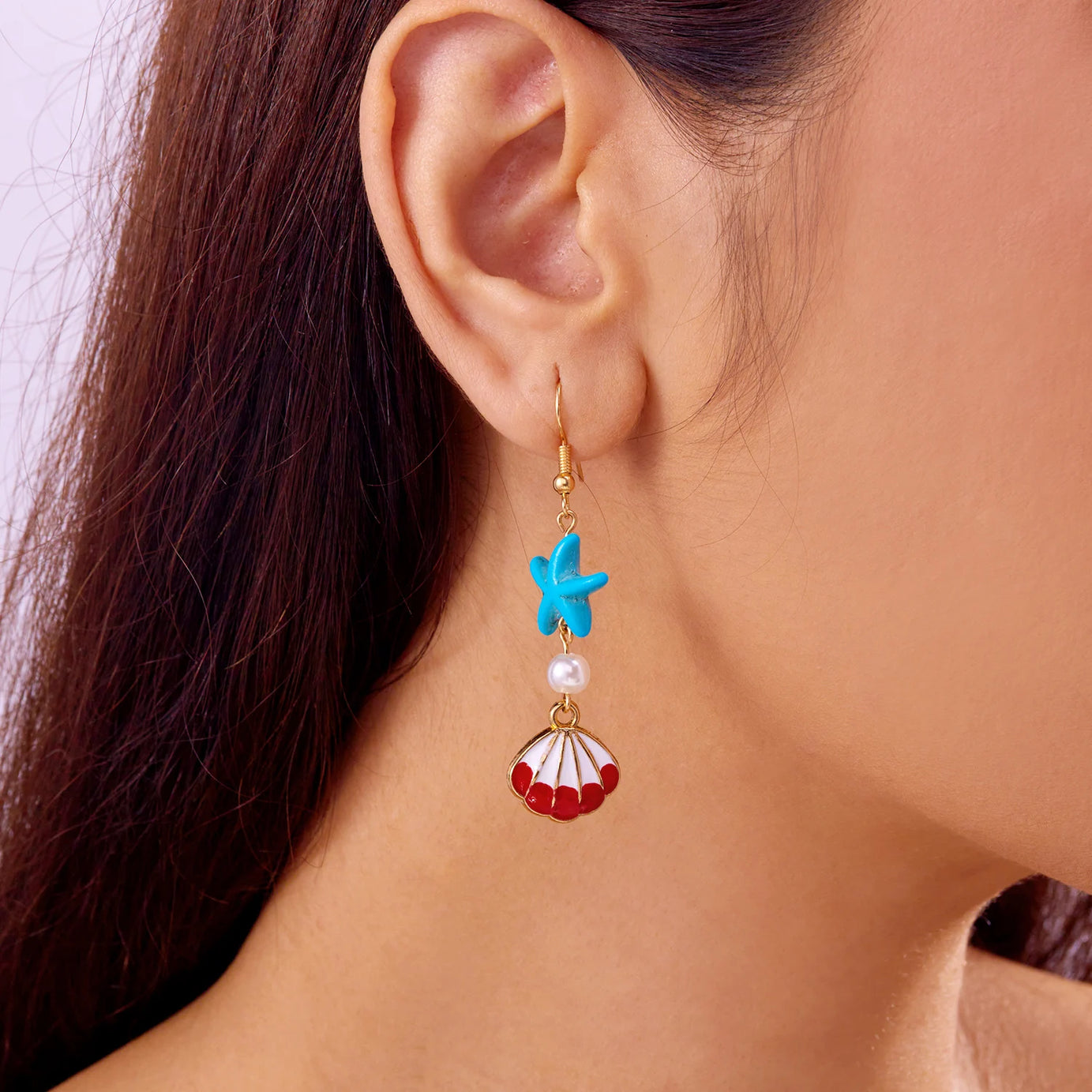 Ocean Style Shell, Starfish and Conch Enamel Drop Earrings