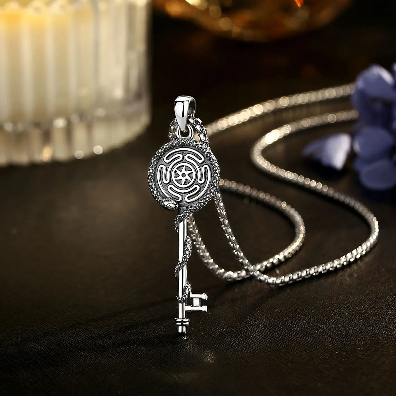 S925 Sterling Silver Hecate Wheel, Snake & Key Pendant Necklace, Triple Goddess Witch Pagan Amulet