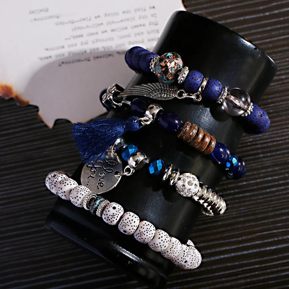 New Bohemian White Beads Tassel Bracelets Set Women Natural Lava Stone Alloy Wing Pendant Charm Bangle Boho Jewelry - Charlie Dolly