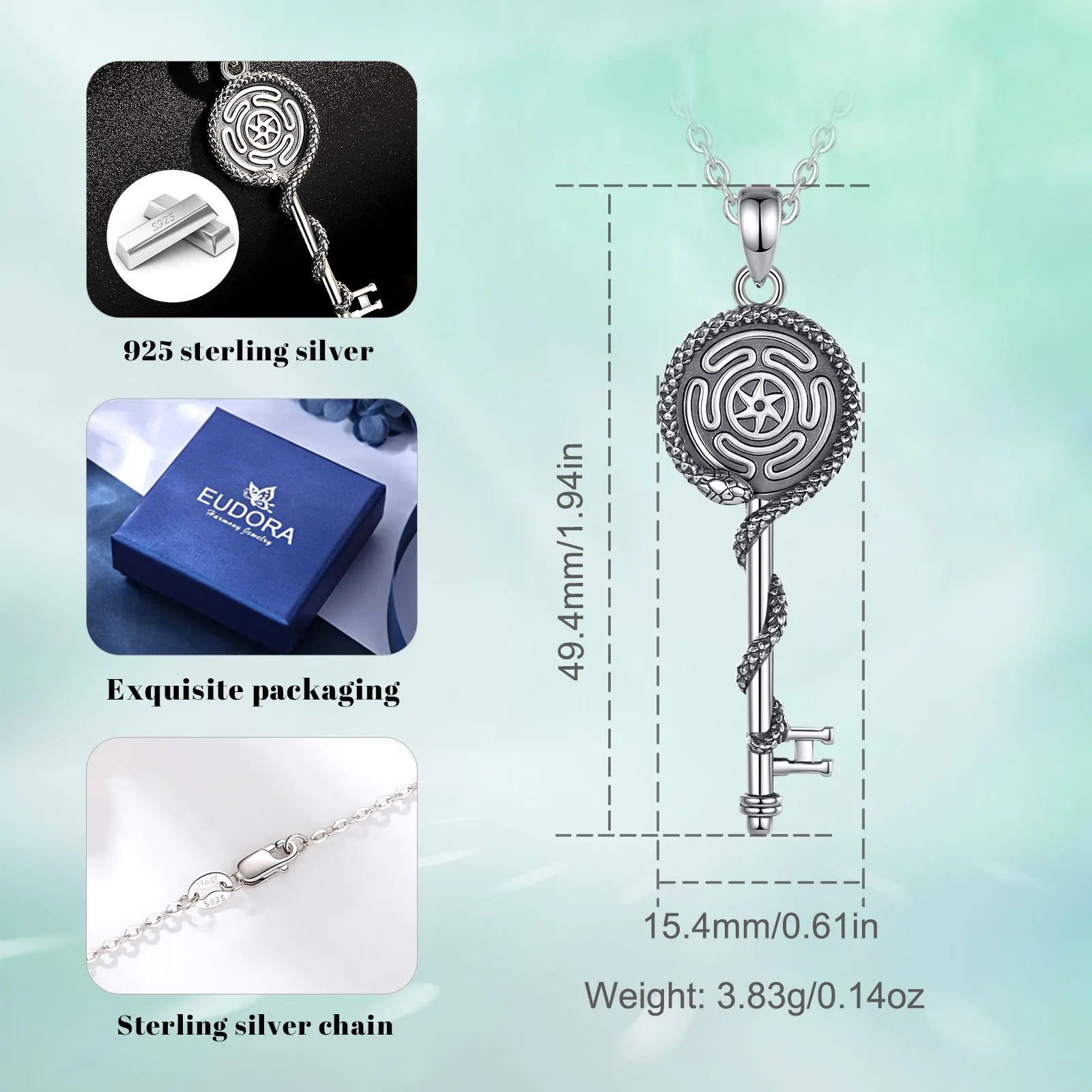 Eudora 925 Sterling Silver Hecate Wheel Necklace Triple Goddess Pendant Snake Key Amulet Witch Pagan Jewelry Gift for Women Men