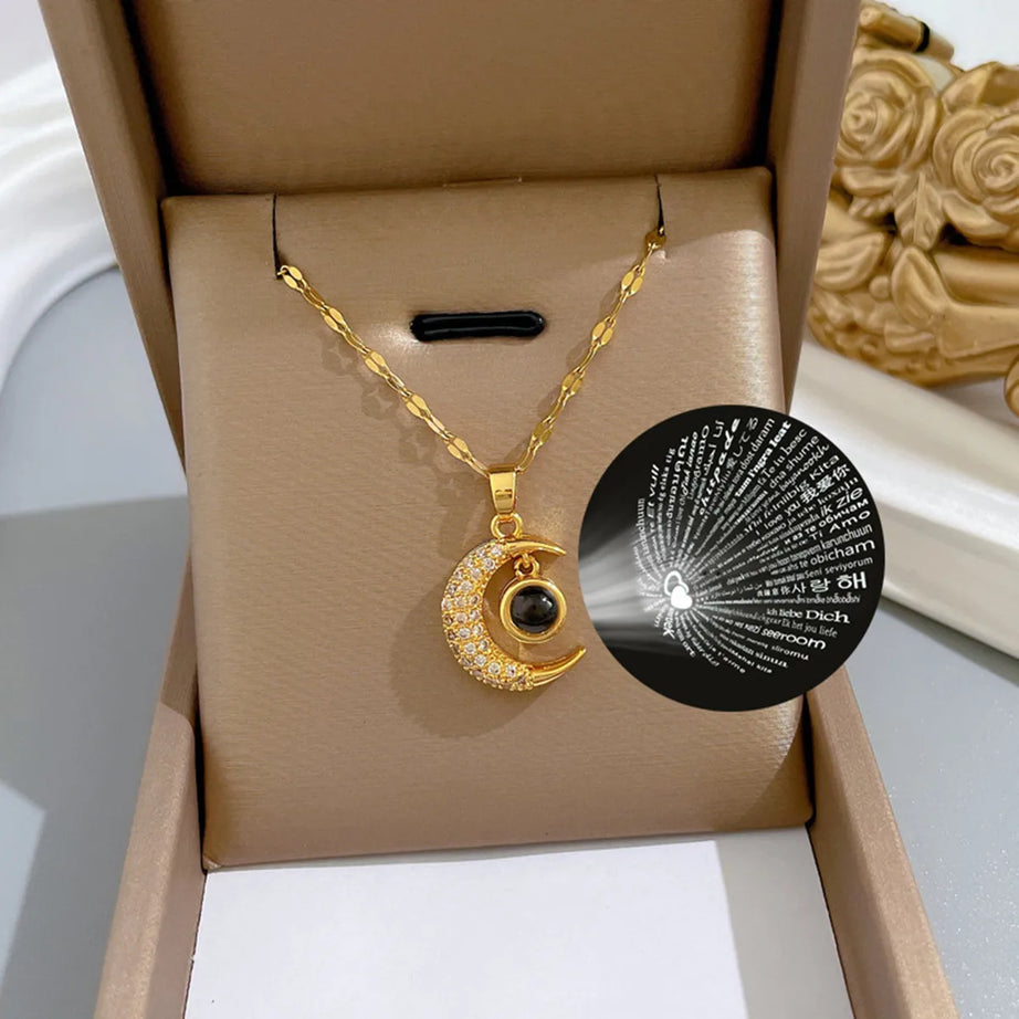Moon Clavicle Necklace, I Love You in 100 Languages, Stainless Steel Fashion Gift