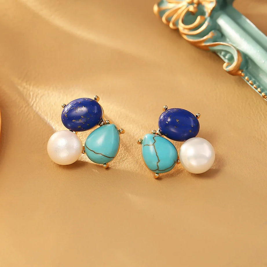 Natural Lapis Lazuli Geometric Pearl French Elegant Temperament High-end Silver Needle Earrings for Women Jewelry. - Charlie Dolly