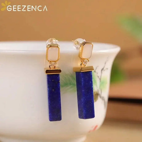 GEEZENCA 925 Silver Gold Plated Lapis Lazuli Bar Charm Dangle Drop Earrings Women CZ Geometric Oblong Simple Trendy Earring Gift - Charlie Dolly