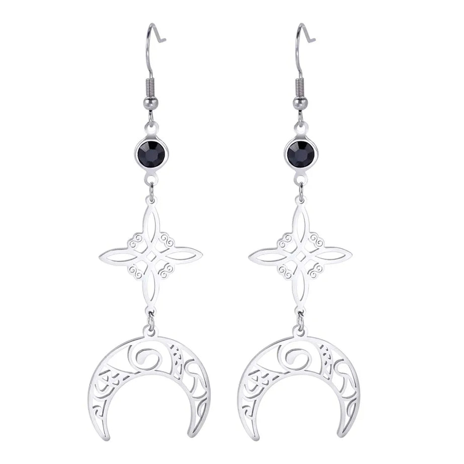 Triple Moon, Rune & Pentagram Hoop Earrings, Stainless Steel Witchy Amulet