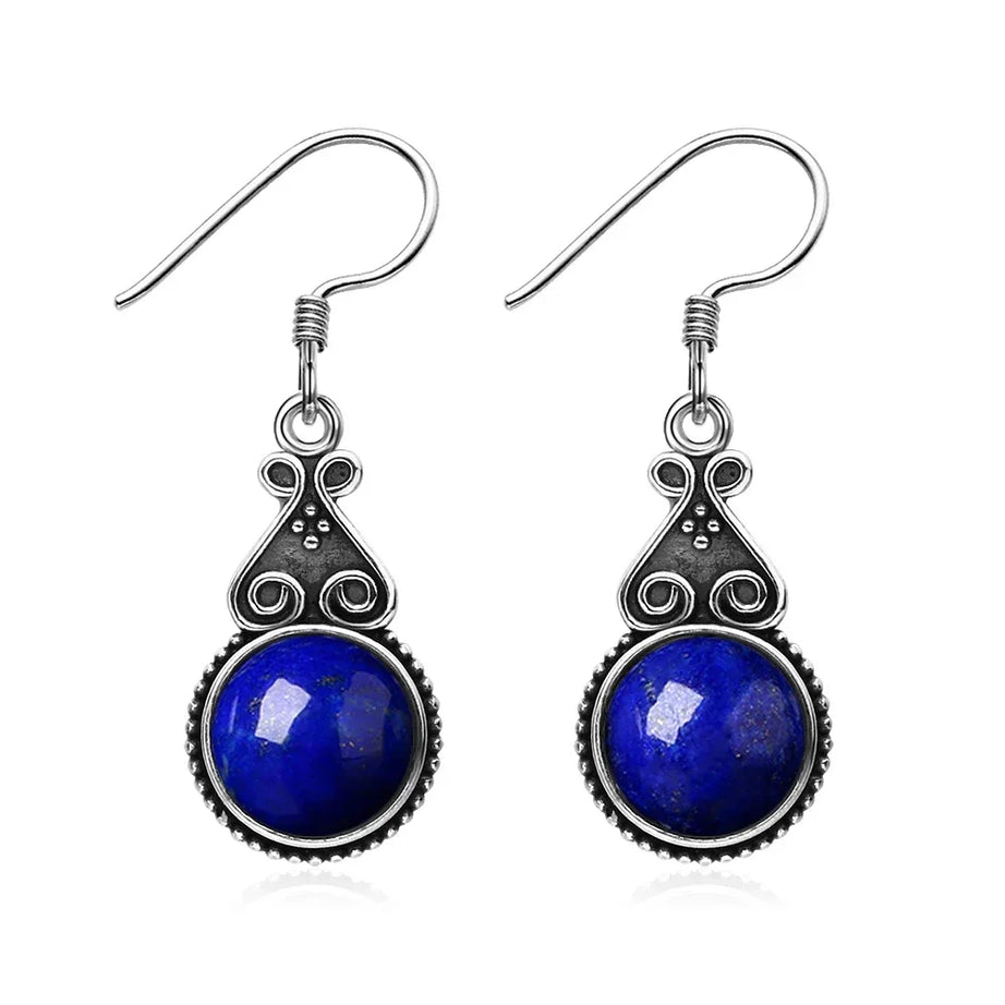 S925 Silver Drop Earring 10MM Round Lapis Lazuli Blue Pendant Earrings Engagement Wedding Women Fine Jewelri - Charlie Dolly