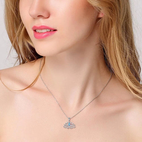Huitan Lotus Flower Pendant Necklace, Silver Blue CZ Wedding Talisman