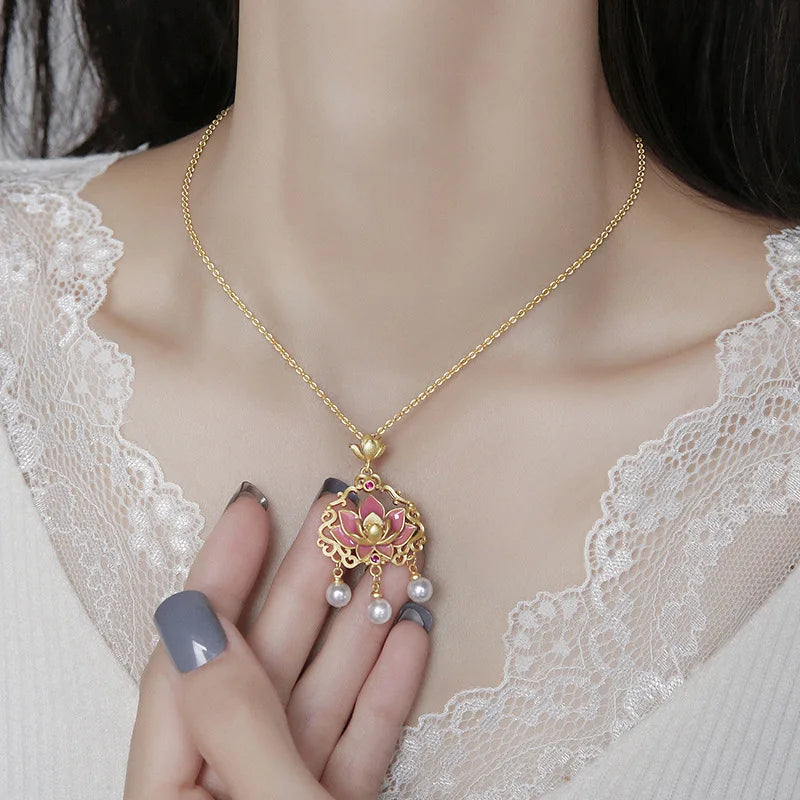 Classic matte pink lotus flower Ruyi lock necklace pearl tassel pendant enamel collarbone chain wedding for women jewelry gift