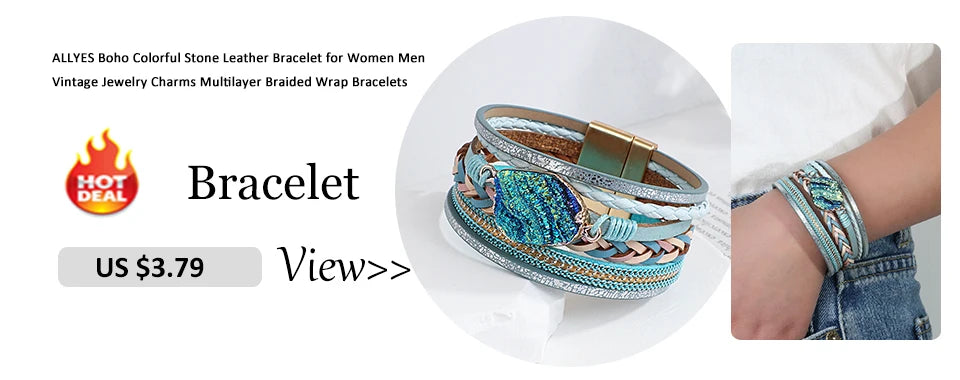 ALLYES Vintage Natural Stone Heart Braided Leather Bracelet for Women Boho Multilayer Wrap Wide Bangle Bracelets Jewelry Gifts