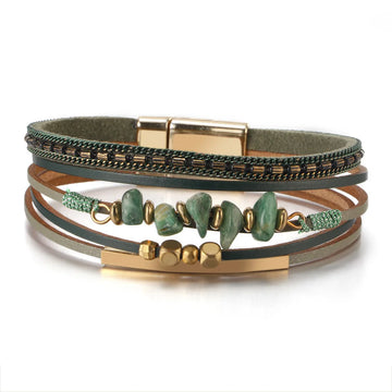 Boho Ethnic Leather Bracelet Irregular Natural Stone Beaded Cuff Bangle for Women Retro Layered Wristwear Hand Jewelry Accessory