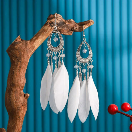 Feather Crystal Tassel Boho Dangle Earrings Jewelry