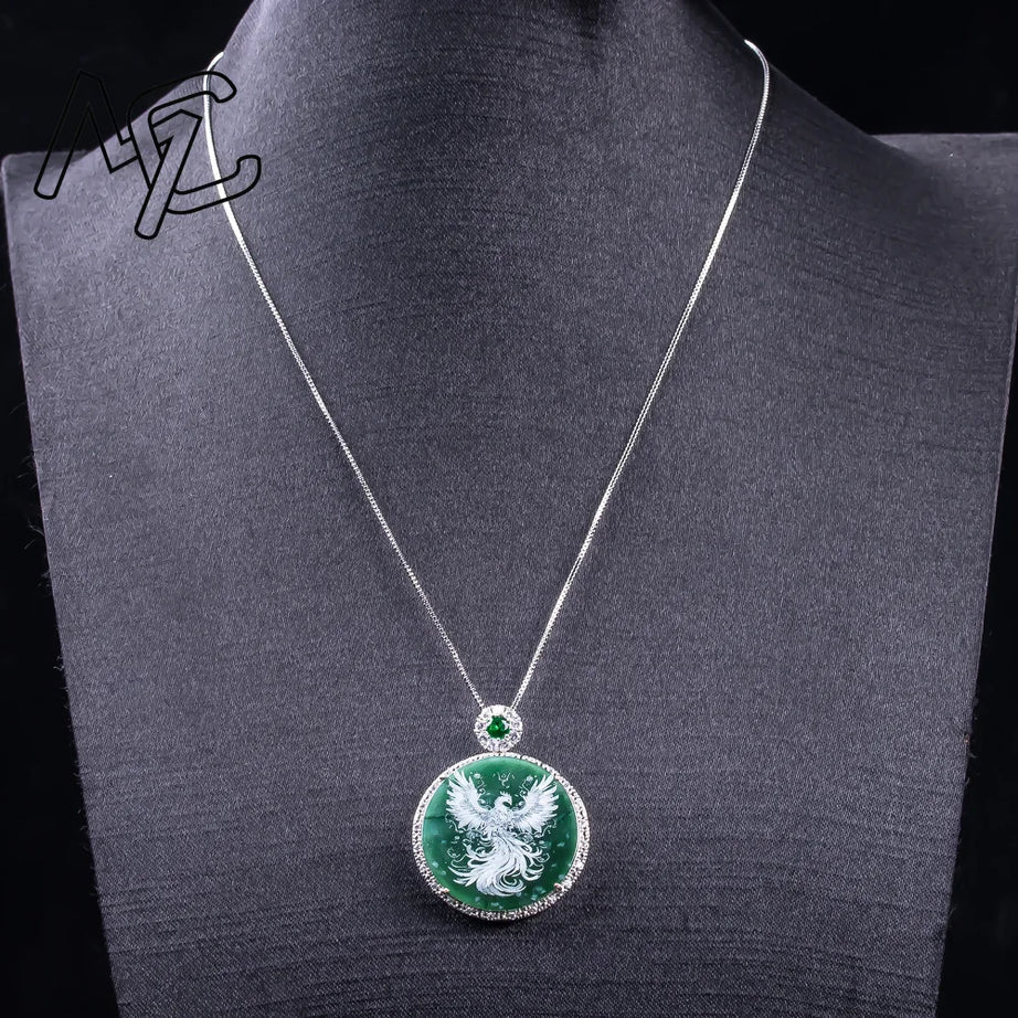 Phoenix Emerald Shadow-Carved S925 Silver Pendant, Sacred Rebirth Amulet