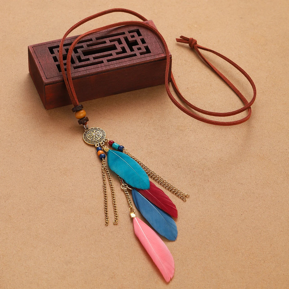 Rope Bead Feather Pendant Long Necklace Jewelry