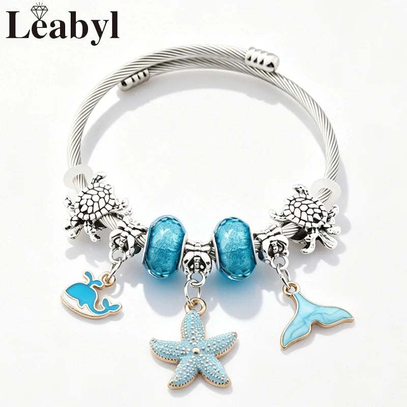 Boho Blue Enamel Dolphin Starfish Shell Bead Pendant Bracelet Silver Color Marine Life DIY Charm Jewelry for Summer Holiday Gift