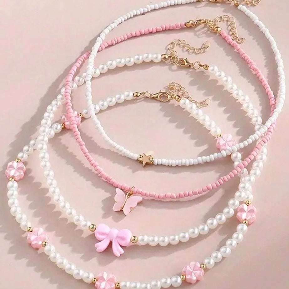 Butterfly, Heart and Flower Pearl Kids Friendship Necklace Set (4 Pieces)