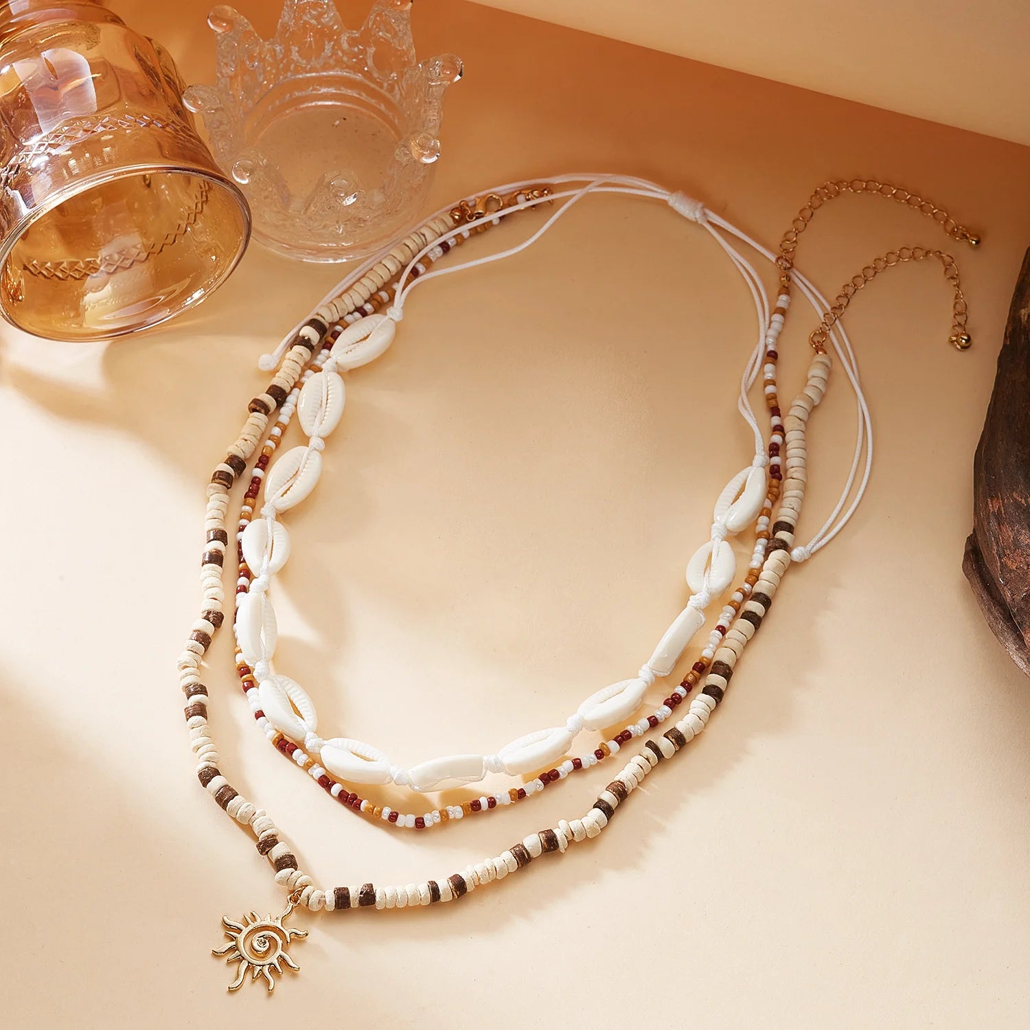 Cowrie Shell Wood Bead Sun Layered Necklace Jewelry