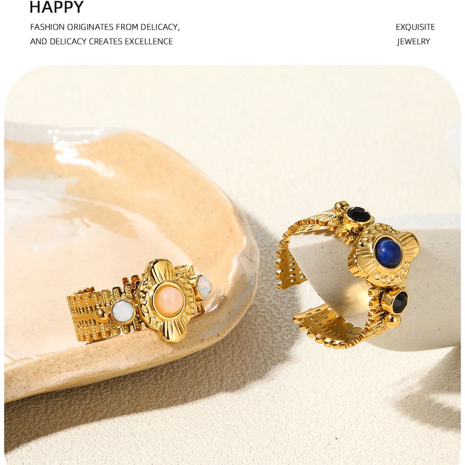 YACHAN Boho Vintage Stainless Steel Rings for Women Pink Natural Stone Lazurite 18K Gold Plated Aesthetic Trend Jewelry - Charlie Dolly