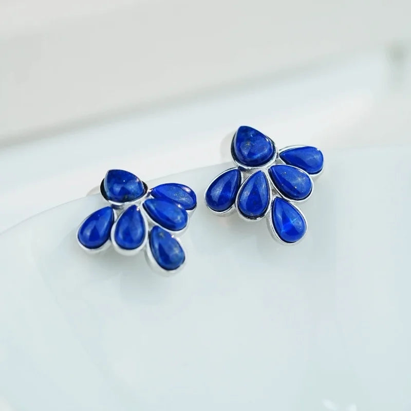 GEEZENCA 925 Silver Lapis Lazuli Turquoise Leaf Stud Earrings Women Gold Plated Trendy Dainty Lightweight Statement Earring Gift