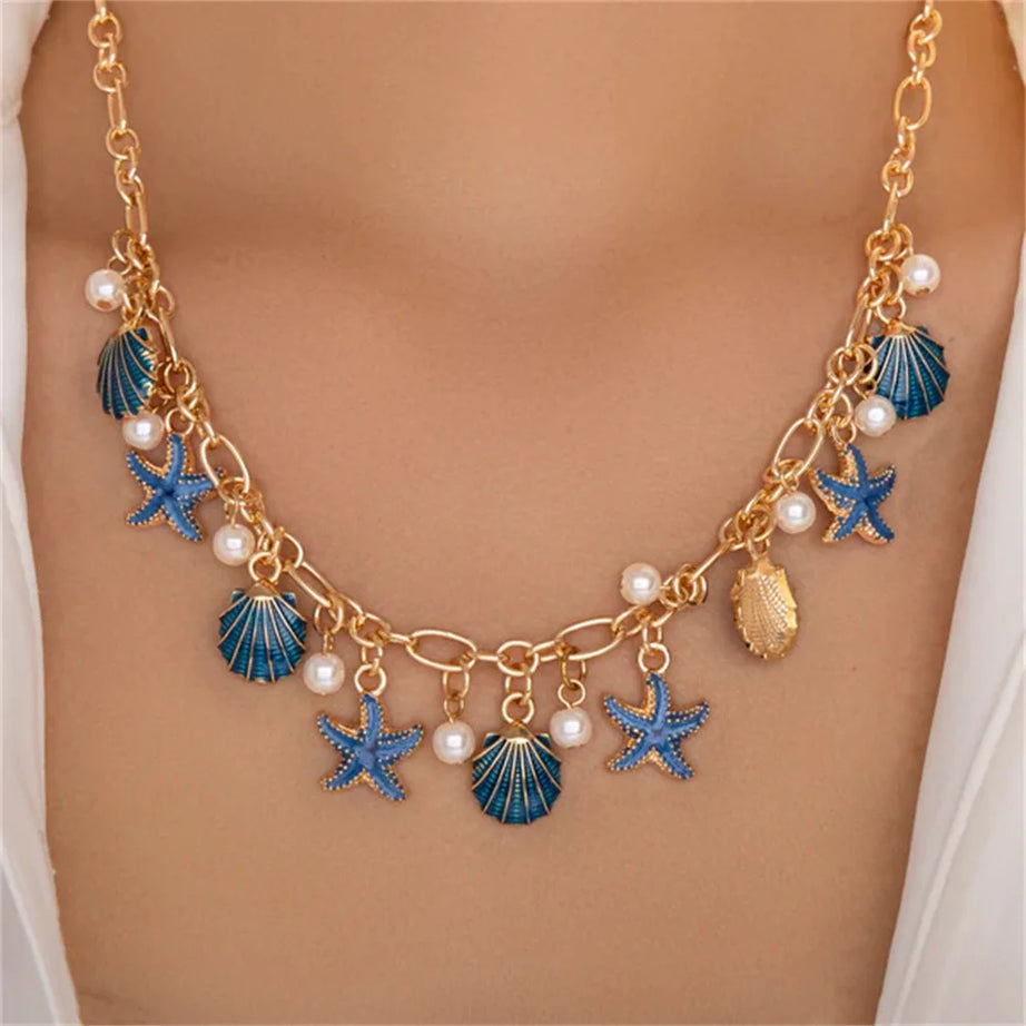 Starfish Scallop Sunflower Pearl Choker Necklace Jewelry