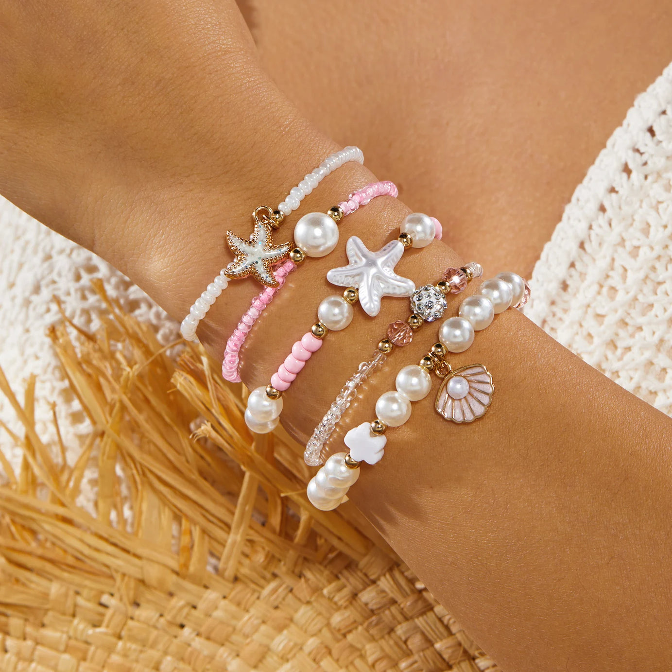 Pink Pearl and Shell Stackable Bracelet Set (5 Pieces)
