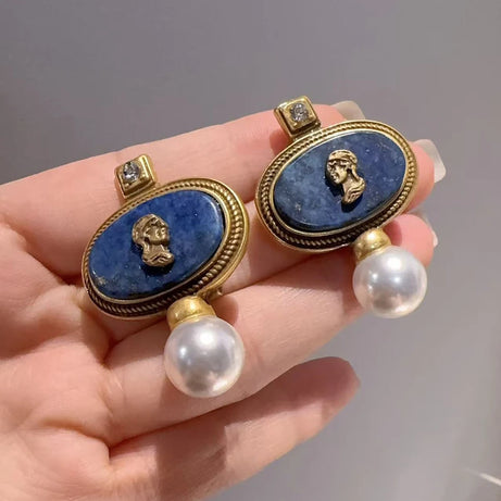 Vintage Lapis Lazuli Head Oval Stud Earring For Woman Accessories Pearl Gold Color Luxury Jewelry Designers Brand Thanksgiving - Charlie Dolly