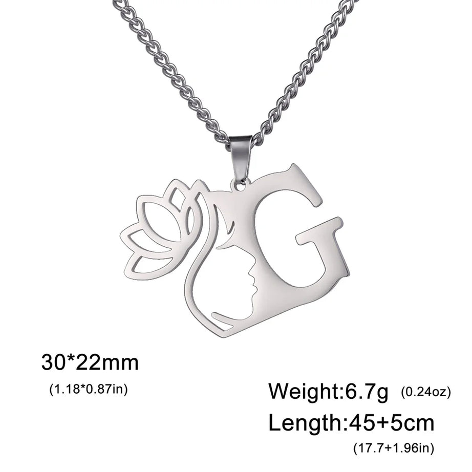 Lotus Flower Initial Letter Pendant, Personalized Stainless Steel Necklace