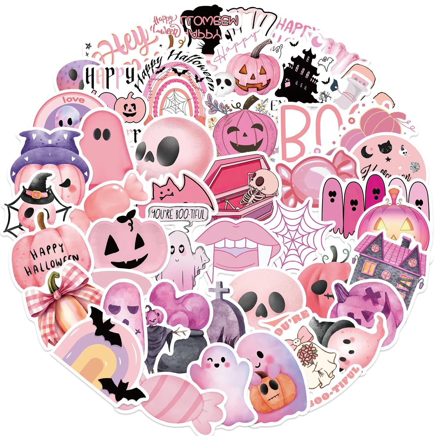 50PCS Kawaii Pink Halloween Ghost Skull Pumpkin Stickers Notebook Guitar Skateboard Waterproof Cute Decorative Sticker Toy - Charlie Dolly